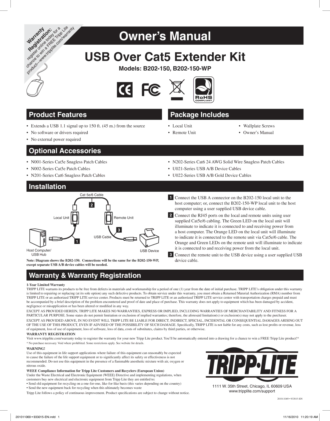 Tripp Lite B202-150 owner manual USB Over Cat5 Extender Kit 