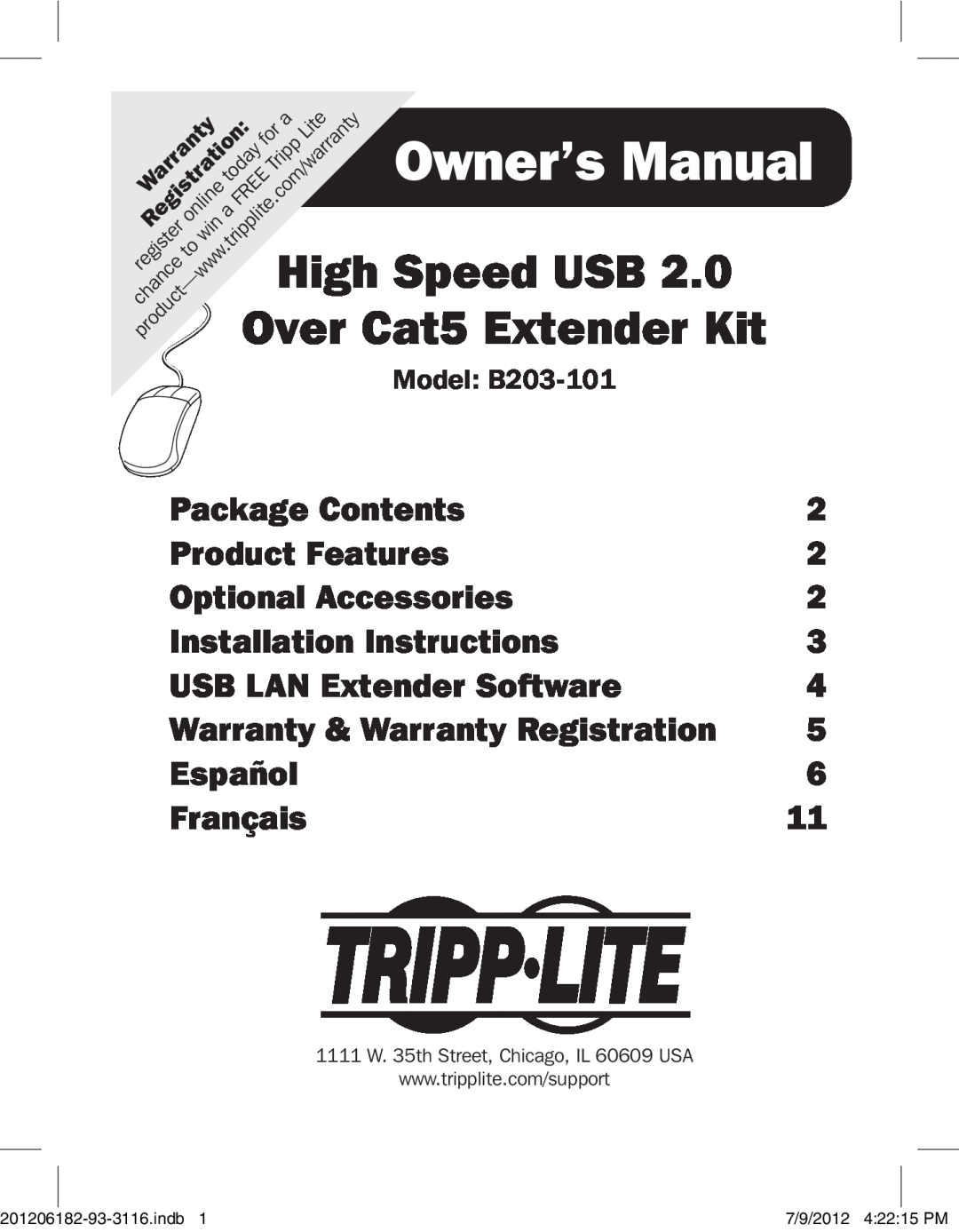 Tripp Lite B203-101 owner manual Package Contents, Product Features, Optional Accessories, Installation Instructions, indb 