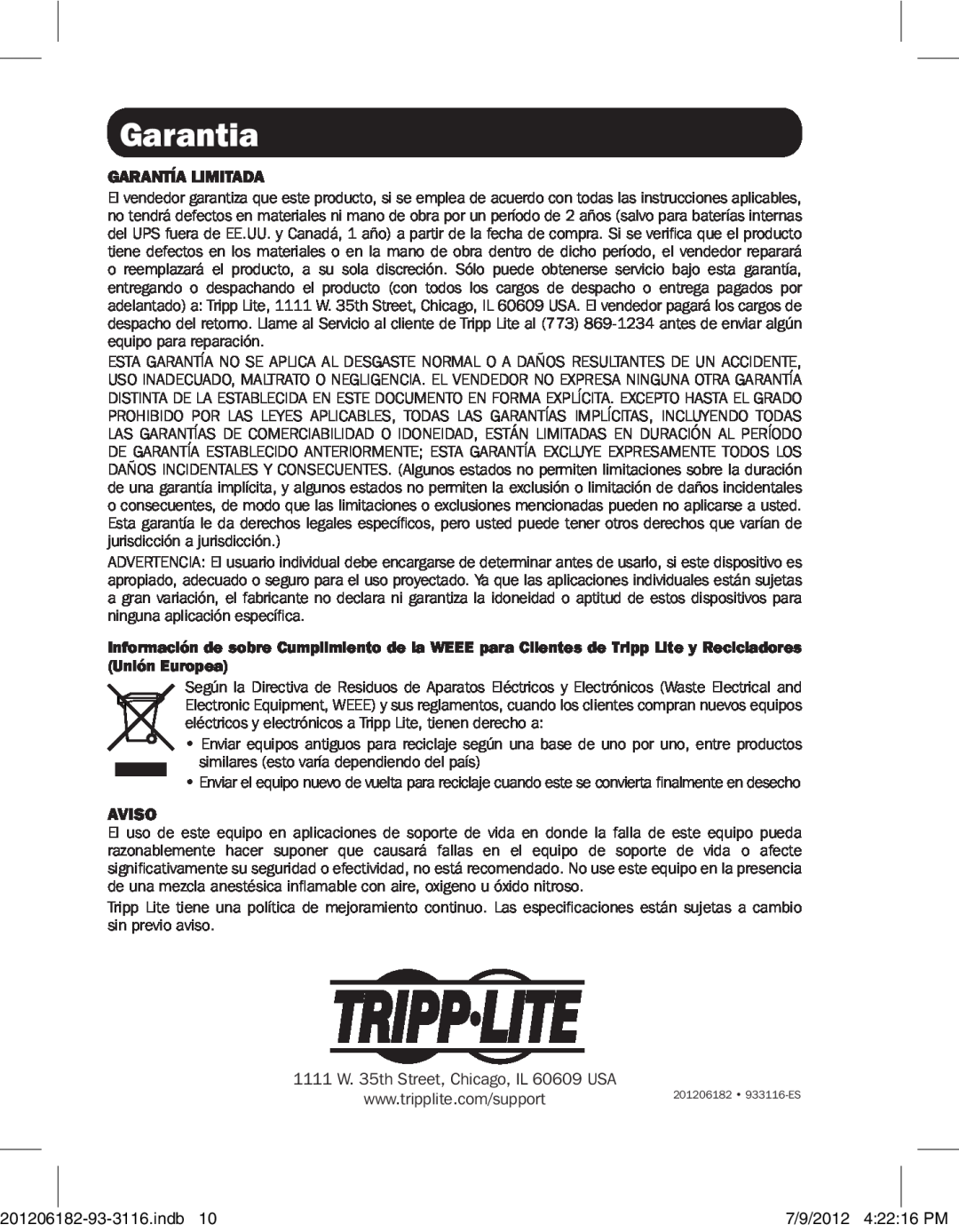 Tripp Lite B203-101 owner manual Garantia, Garantía Limitada, Aviso 