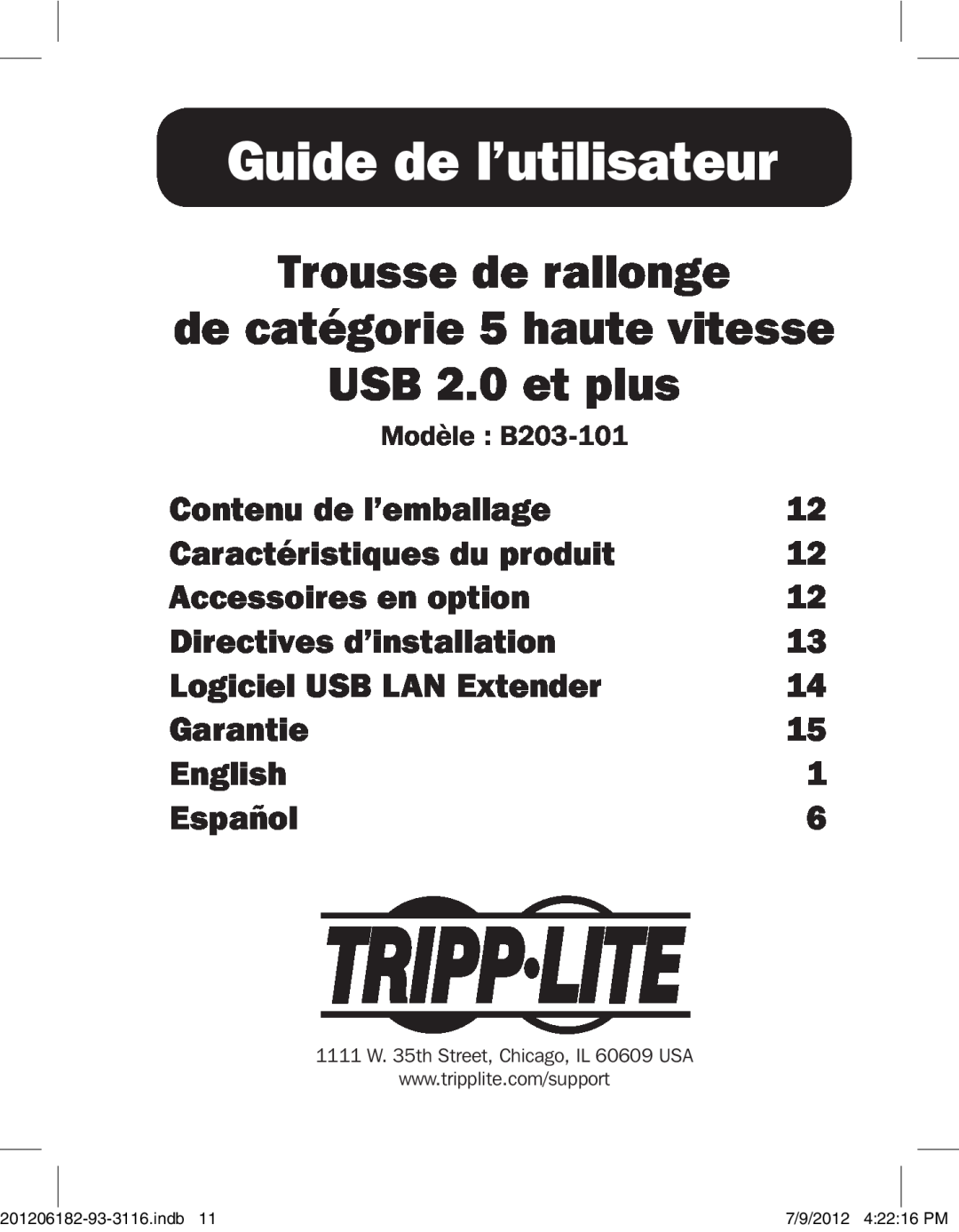 Tripp Lite B203-101 Guide de l’utilisateur, Trousse de rallonge de catégorie 5 haute vitesse USB 2.0 et plus, Garantie 