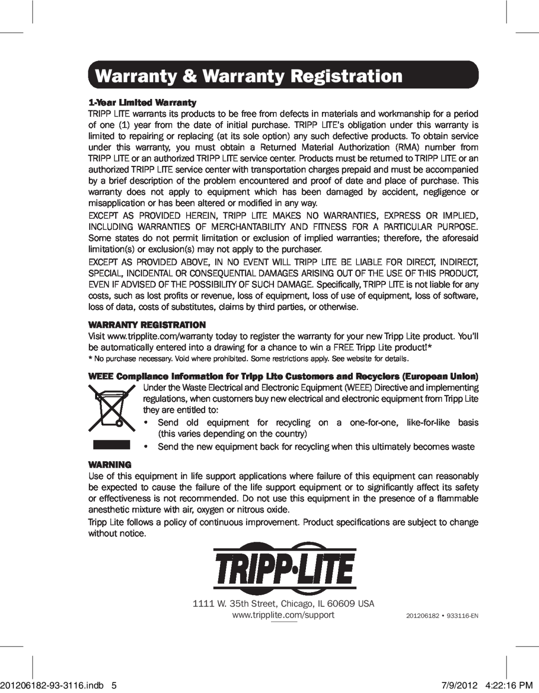Tripp Lite B203-101 owner manual Warranty & Warranty Registration, Year Limited Warranty 