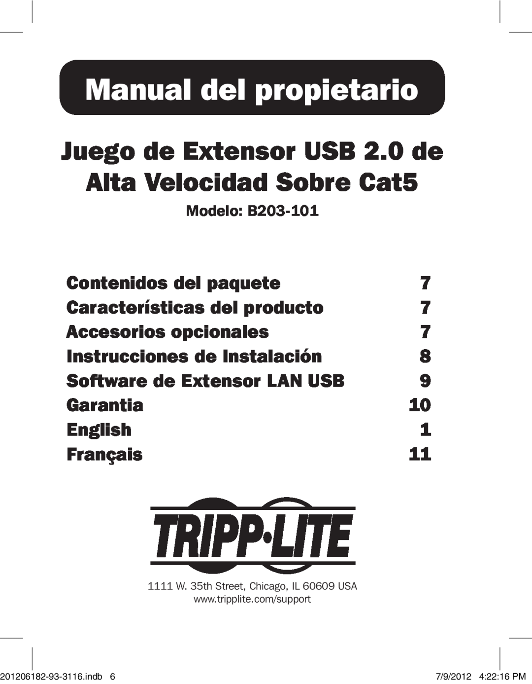 Tripp Lite B203-101 Manual del propietario, Juego de Extensor USB 2.0 de Alta Velocidad Sobre Cat5, Contenidos del paquete 