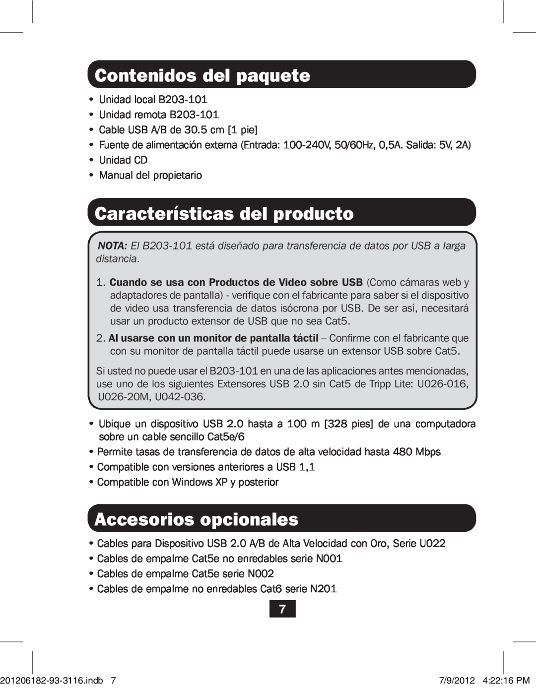 Tripp Lite B203-101 owner manual Contenidos del paquete, Características del producto, Accesorios opcionales 