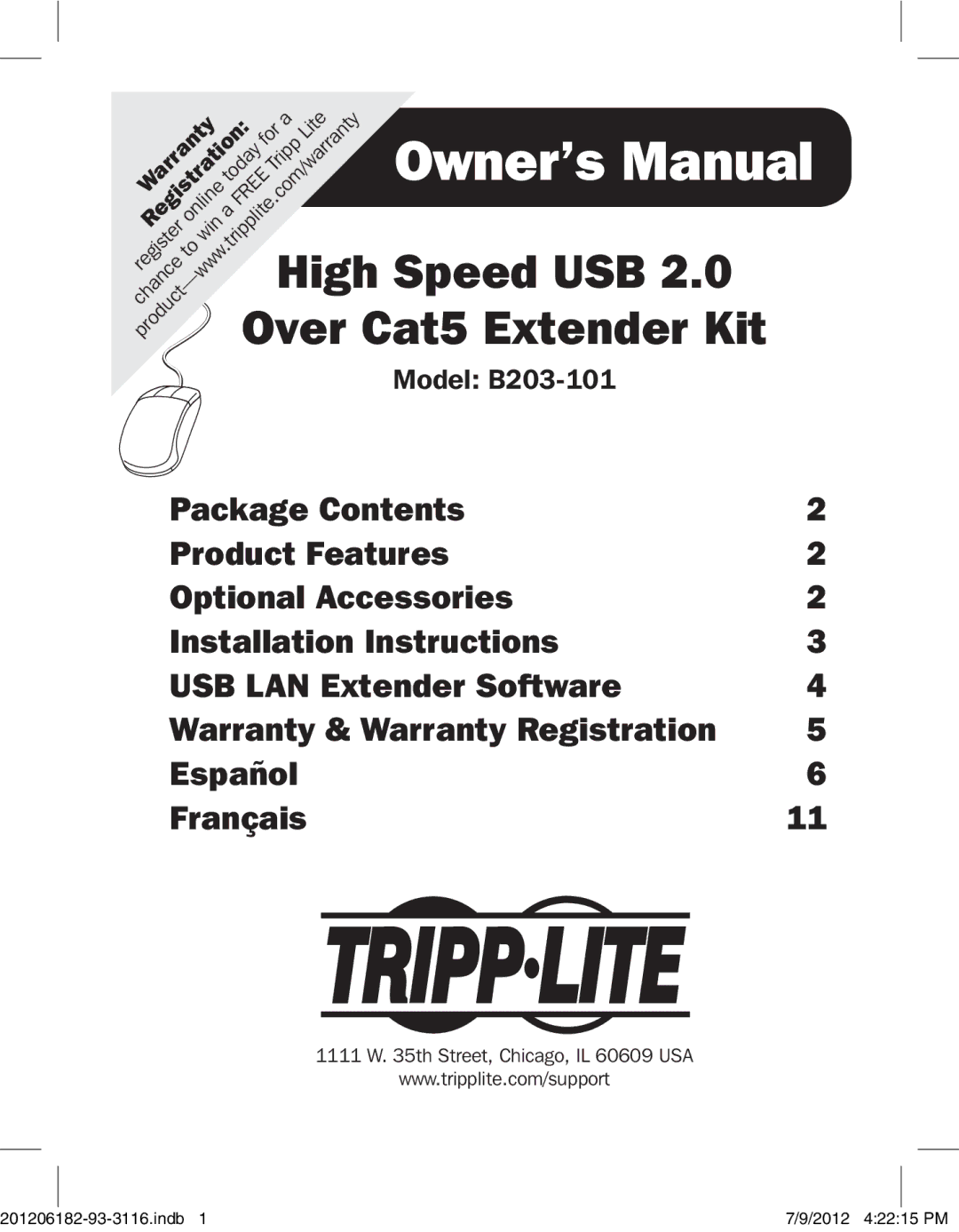 Tripp Lite B203-101 owner manual Th Street, Chicago, IL 60609 USA 