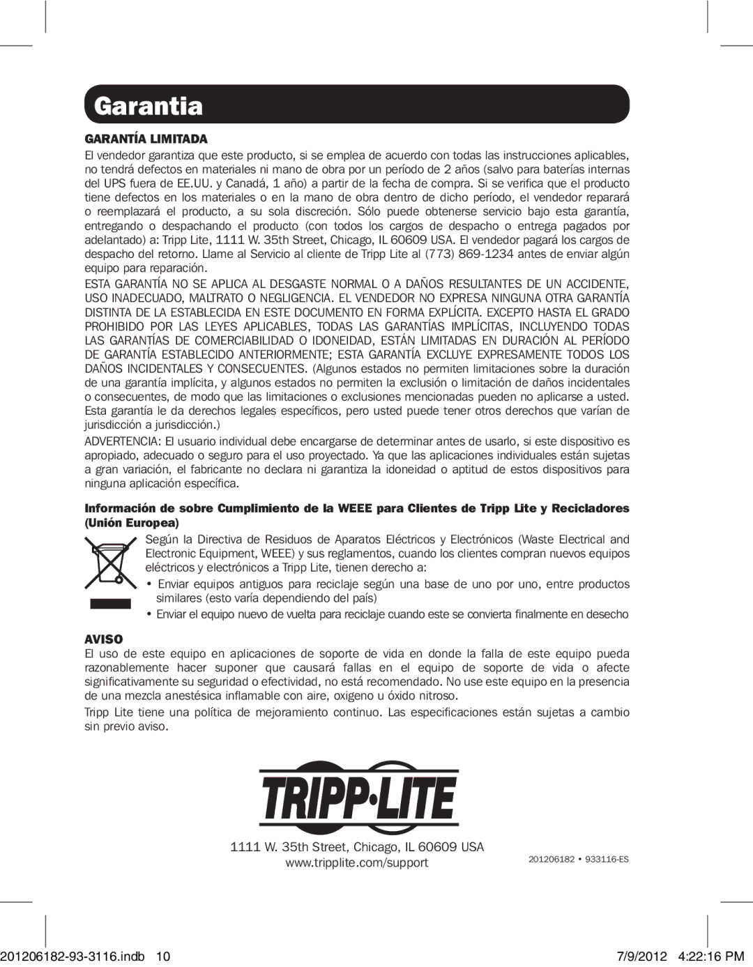 Tripp Lite B203-101 owner manual Garantia, Garantía Limitada 