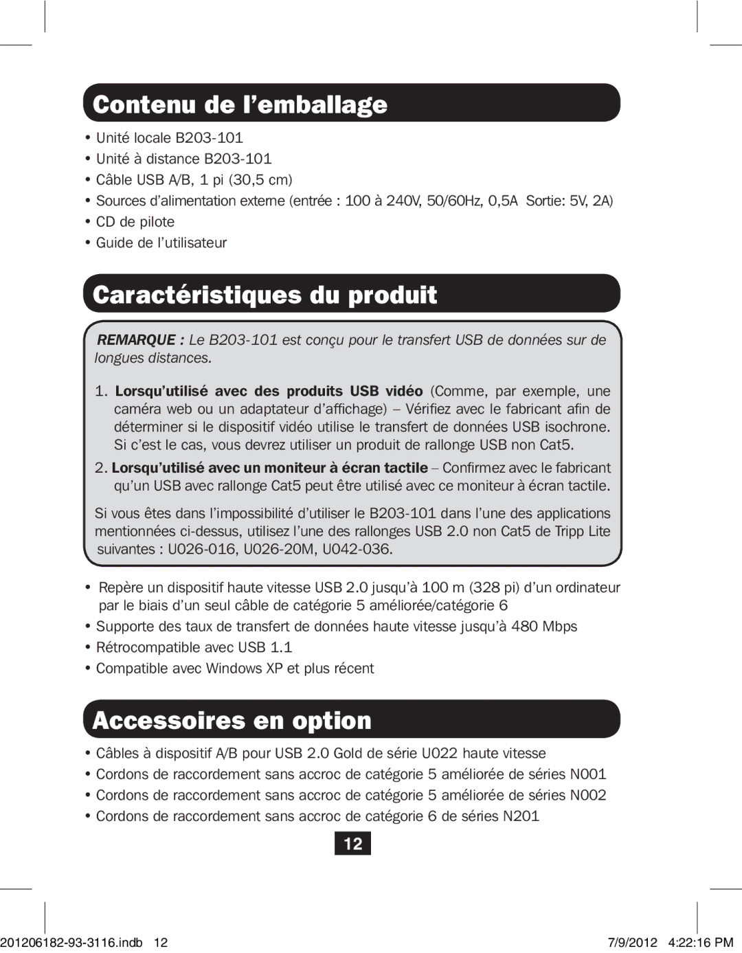 Tripp Lite B203-101 owner manual Contenu de l’emballage, Caractéristiques du produit, Accessoires en option 