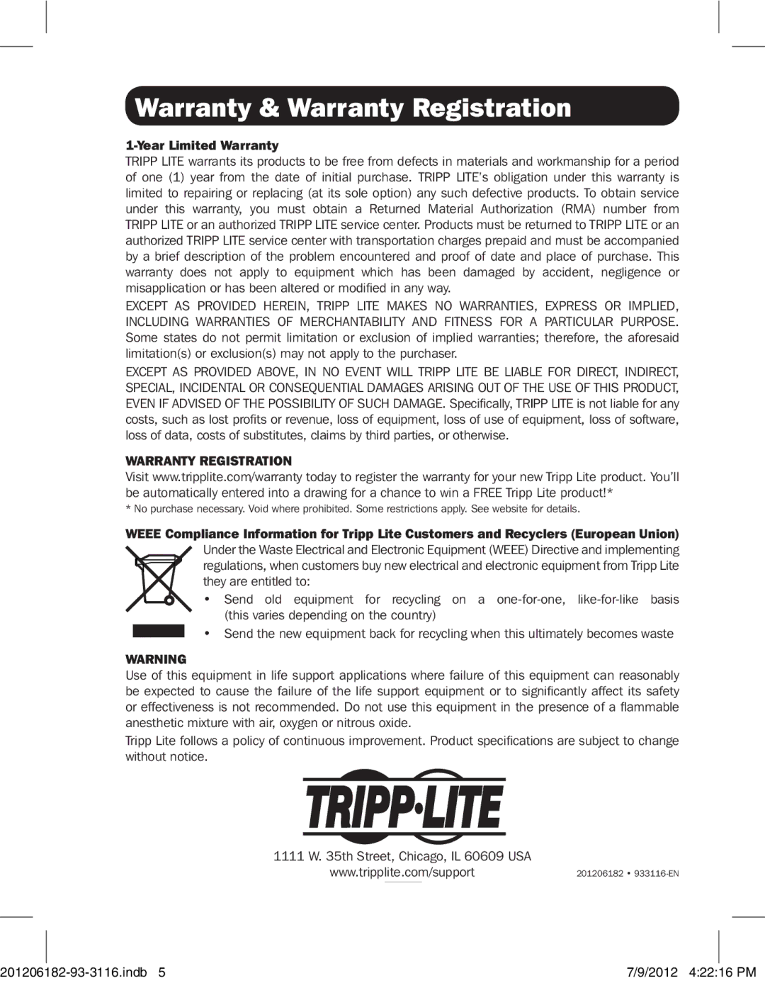 Tripp Lite B203-101 owner manual Warranty & Warranty Registration, Year Limited Warranty 