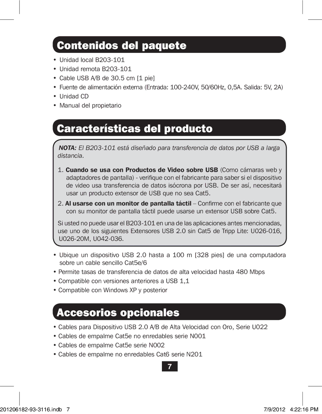 Tripp Lite B203-101 owner manual Contenidos del paquete, Características del producto, Accesorios opcionales 