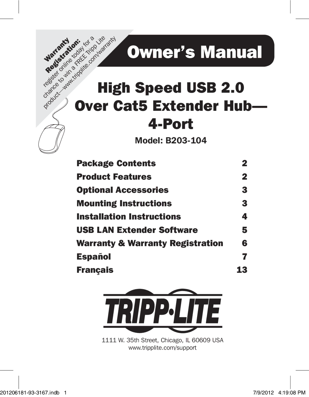 Tripp Lite B203-104 owner manual Over Cat5 Extender Hub 