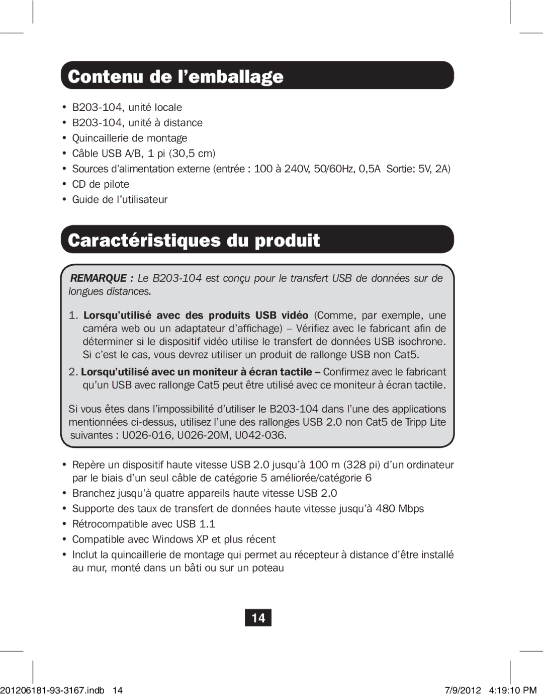 Tripp Lite B203-104 owner manual Contenu de l’emballage, Caractéristiques du produit 