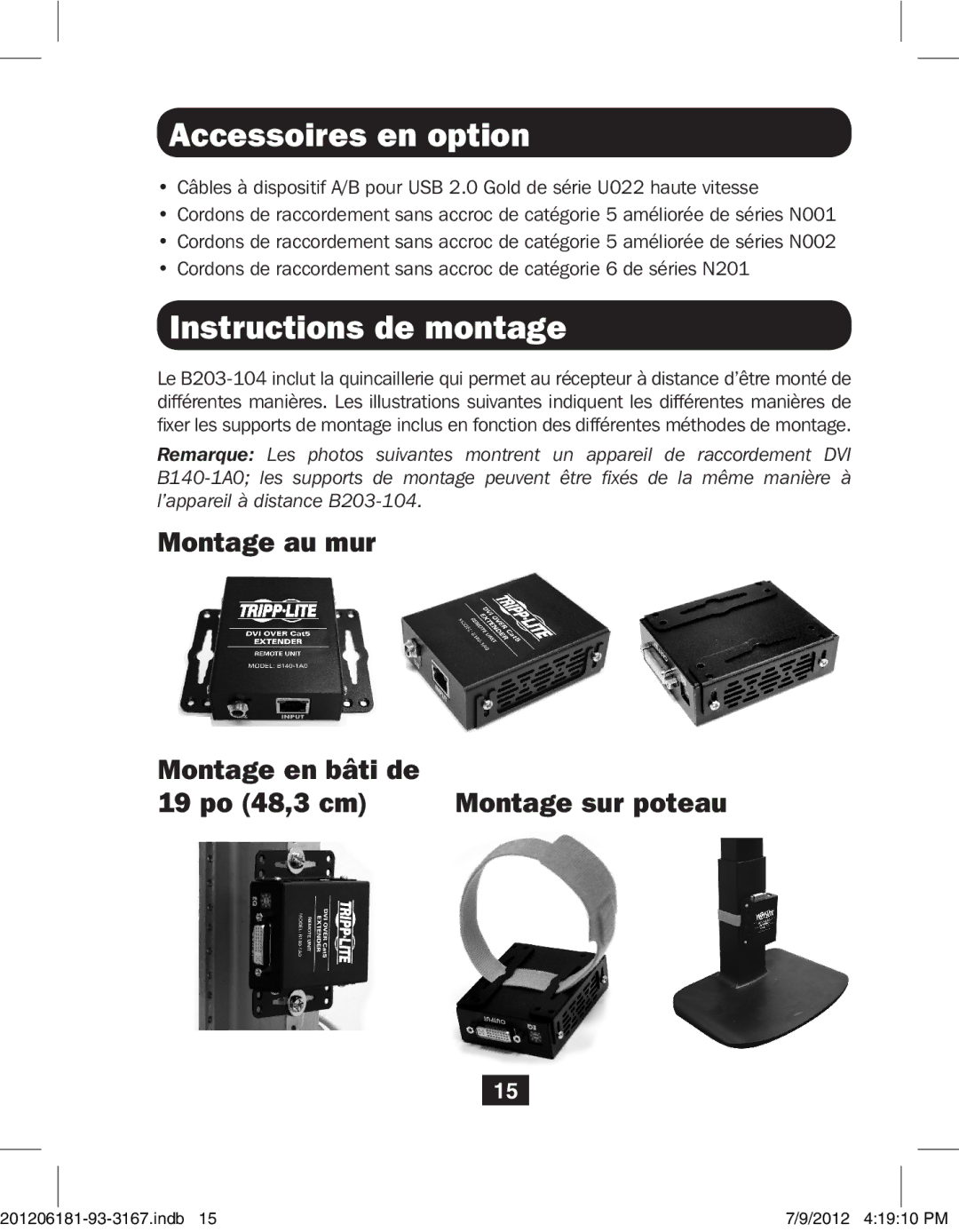 Tripp Lite B203-104 owner manual Accessoires en option, Instructions de montage 