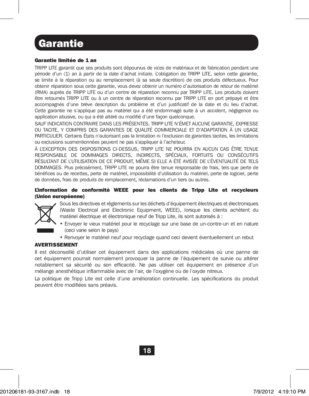 Tripp Lite B203-104 owner manual Garantie limitée de 1 an 