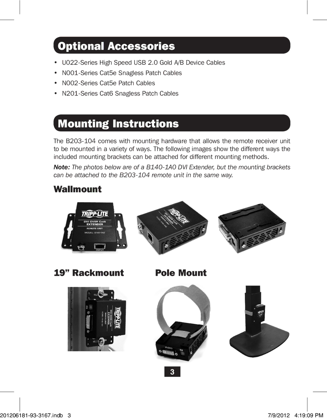 Tripp Lite B203-104 owner manual Optional Accessories, Mounting Instructions 