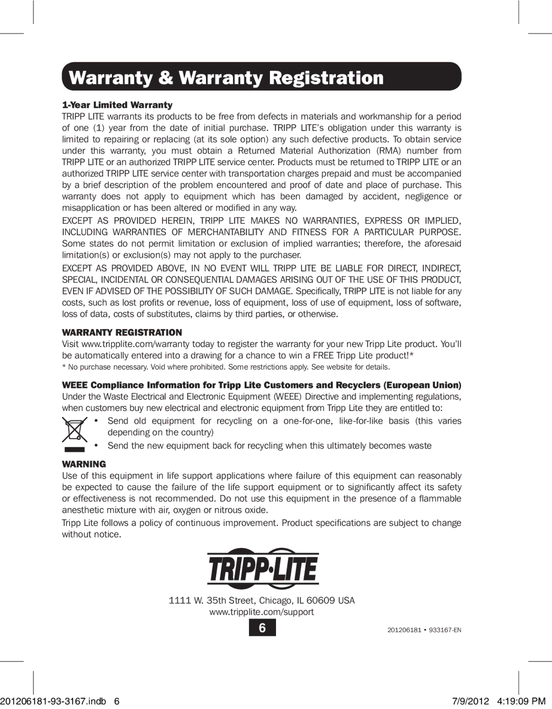 Tripp Lite B203-104 owner manual Warranty & Warranty Registration, Year Limited Warranty 