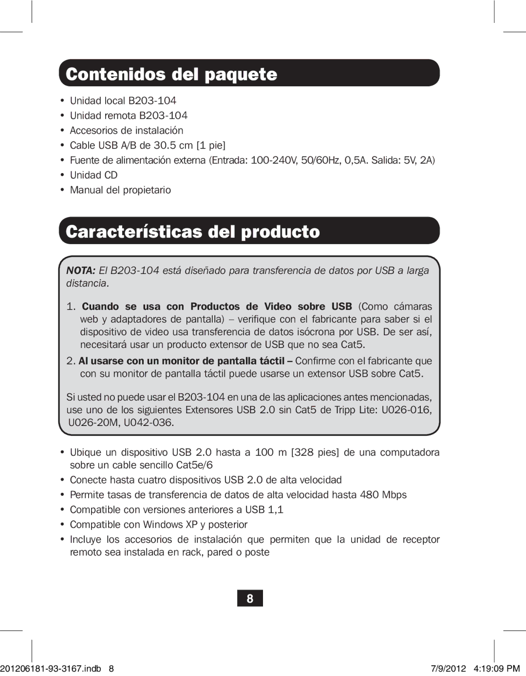 Tripp Lite B203-104 owner manual Contenidos del paquete, Características del producto 