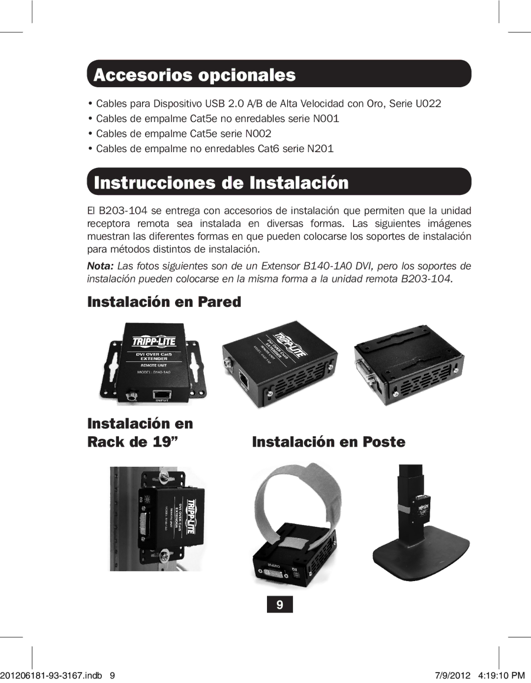 Tripp Lite B203-104 owner manual Accesorios opcionales, Instrucciones de Instalación 