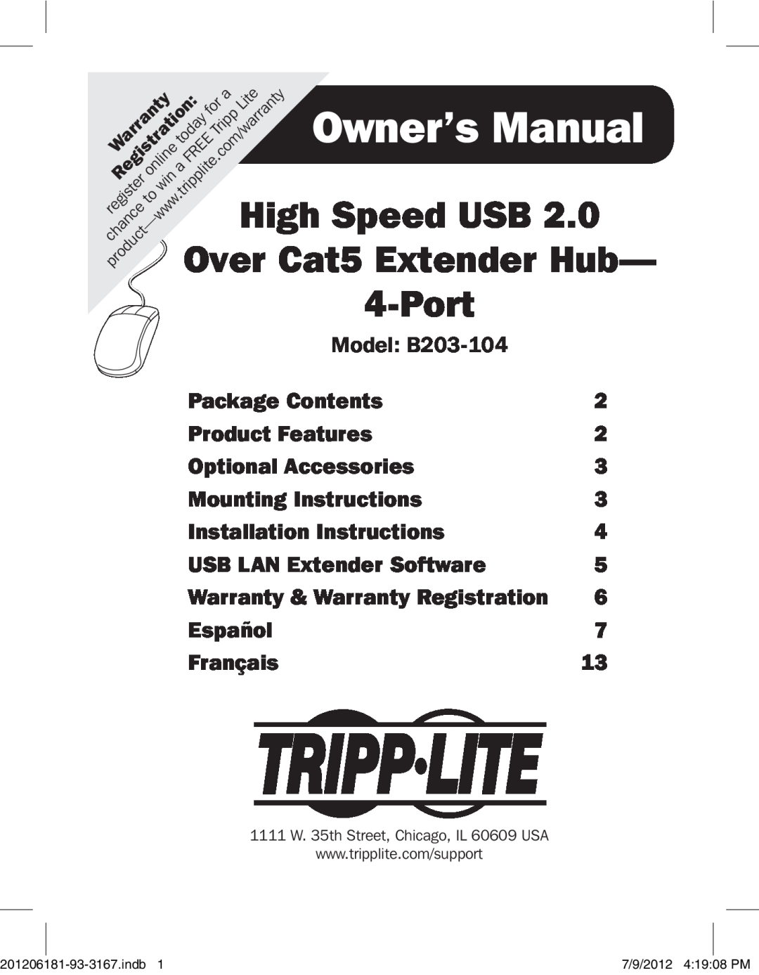 Tripp Lite B203-104 owner manual Over Cat5 Extender Hub, Package Contents, Product Features, Optional Accessories, Español 