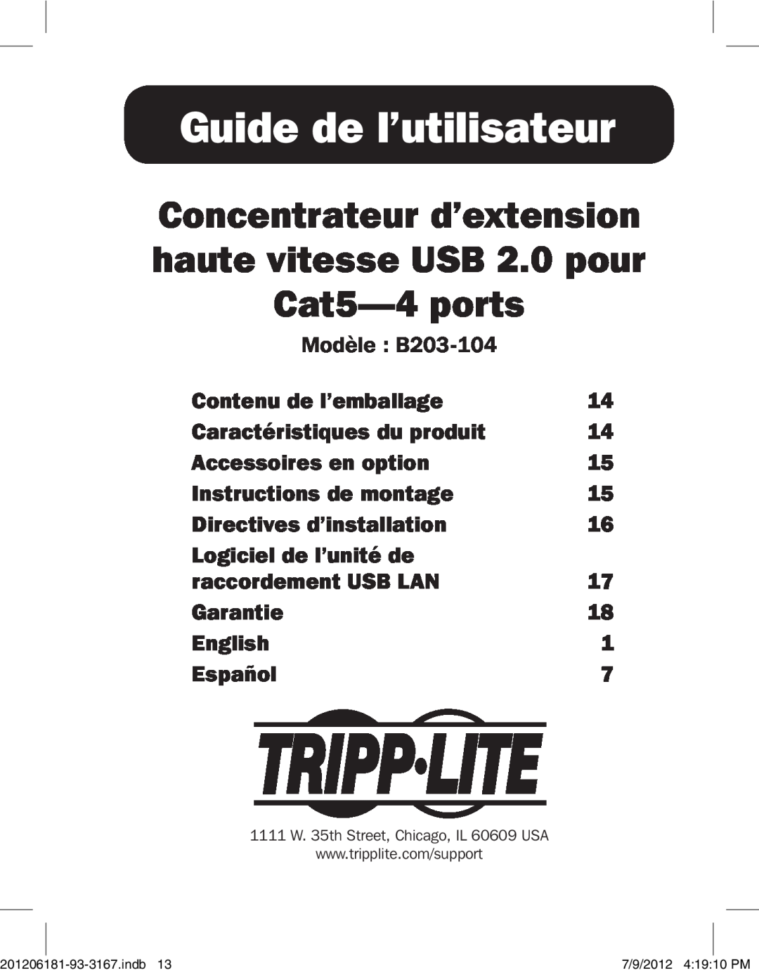 Tripp Lite B203-104 Guide de l’utilisateur, Concentrateur d’extension haute vitesse USB 2.0 pour Cat5-4 ports, Garantie 