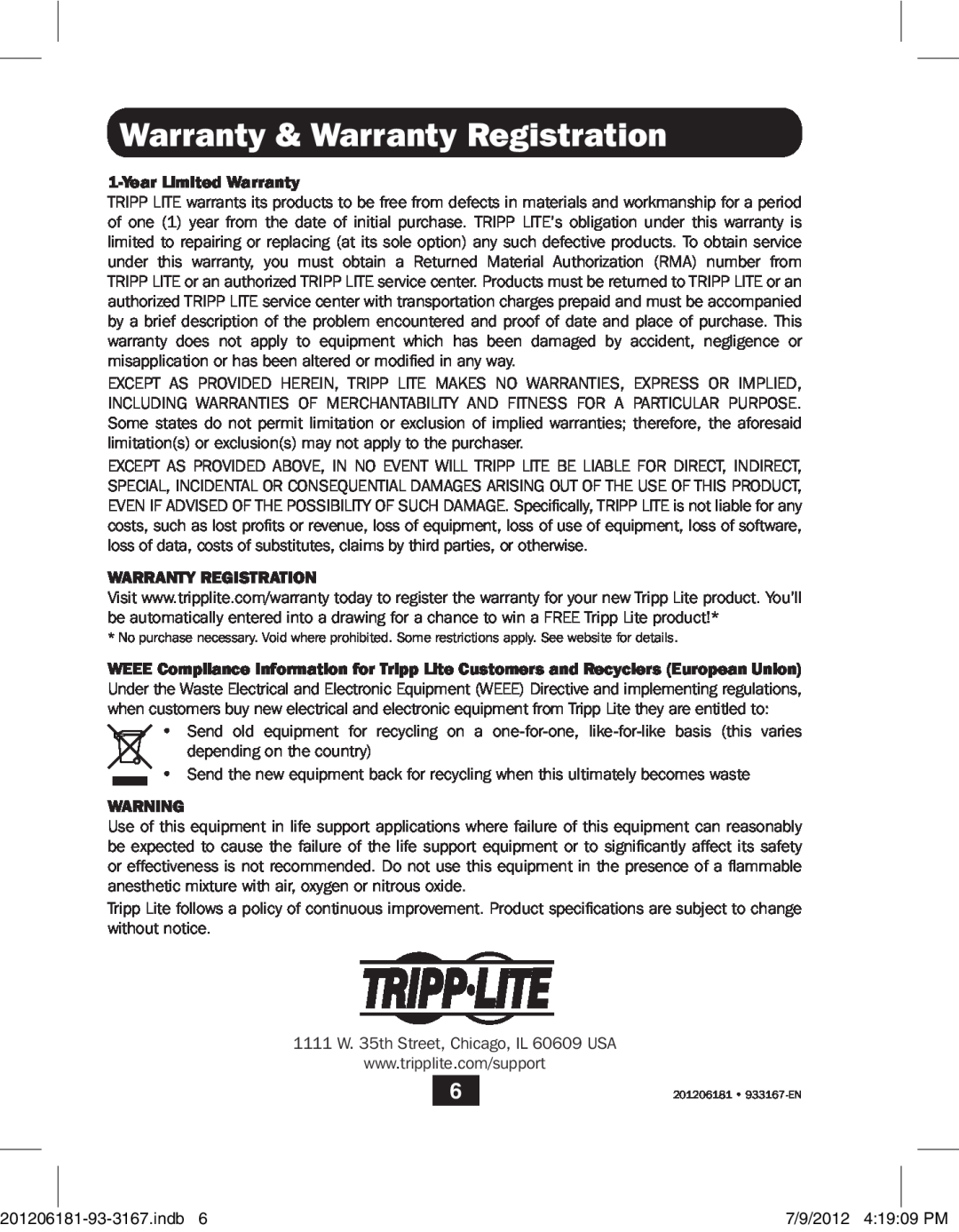 Tripp Lite B203-104 owner manual Warranty & Warranty Registration, Year Limited Warranty 