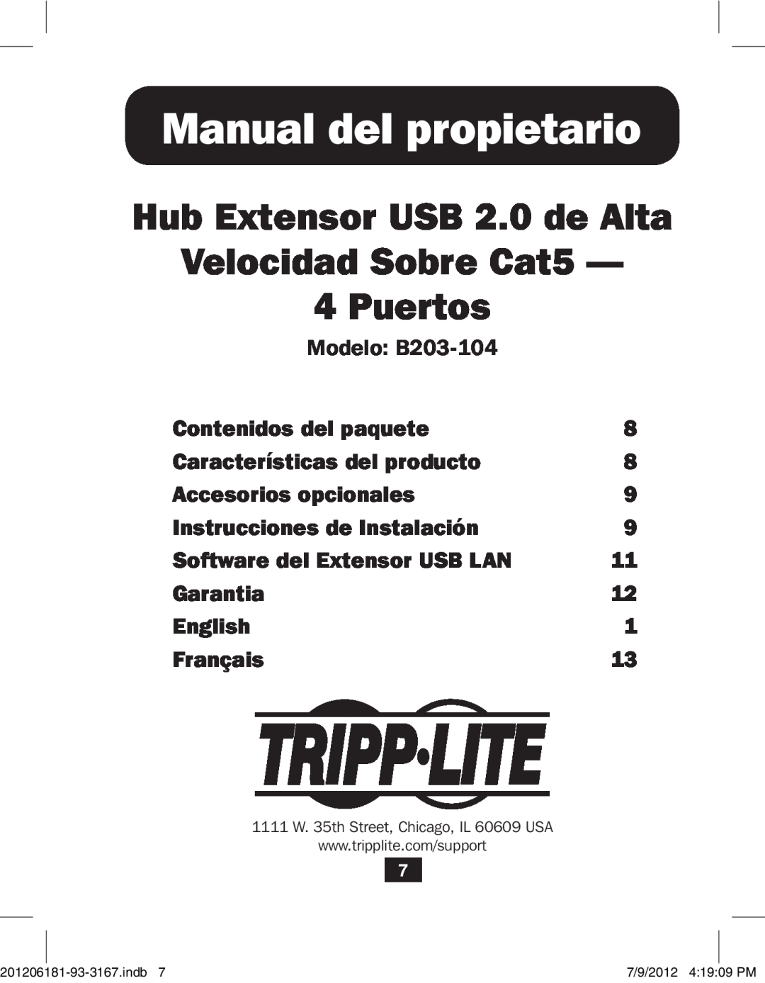 Tripp Lite Manual del propietario, Hub Extensor USB 2.0 de Alta Velocidad Sobre Cat5 4 Puertos, Modelo B203-104 
