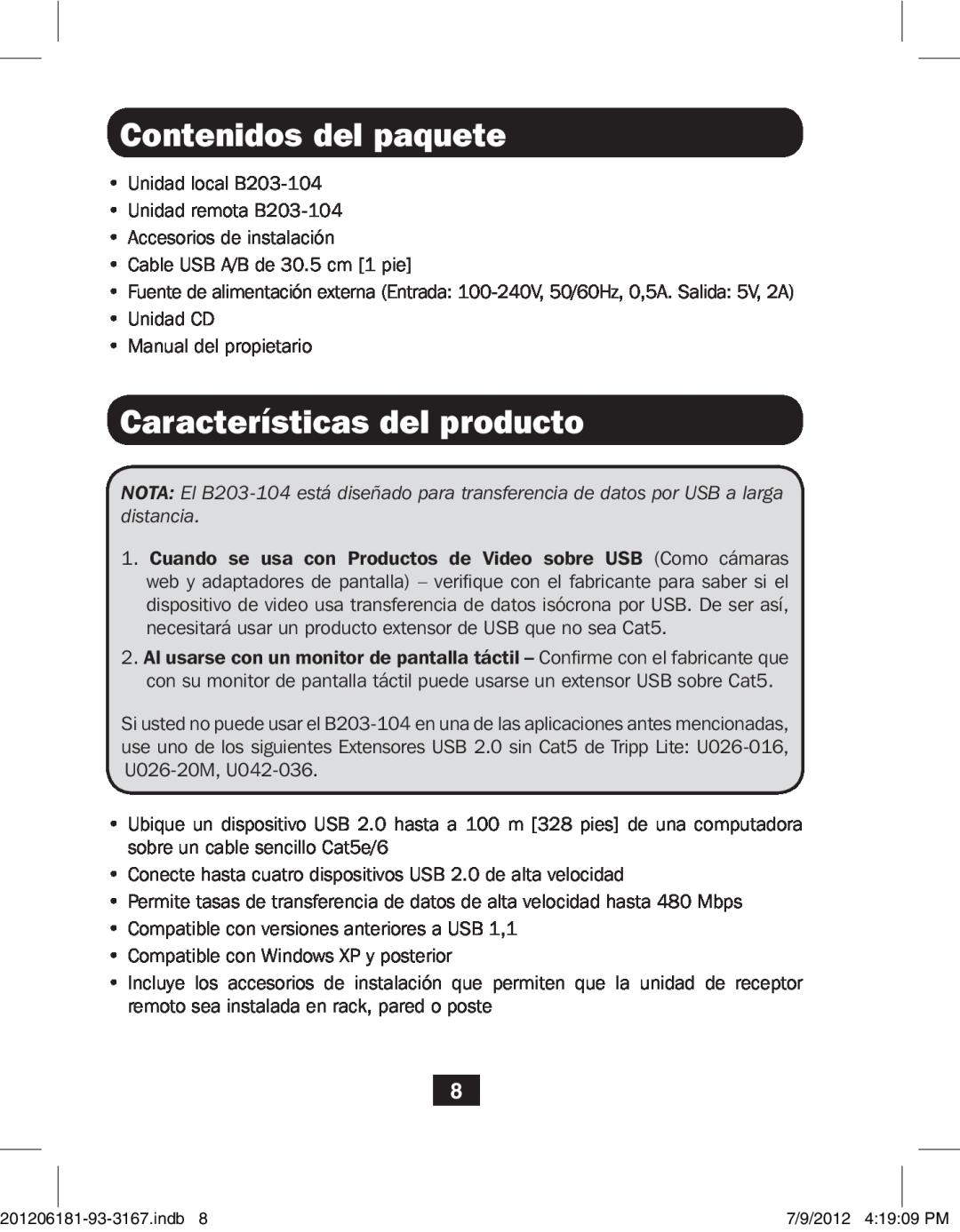 Tripp Lite B203-104 owner manual Contenidos del paquete, Características del producto 
