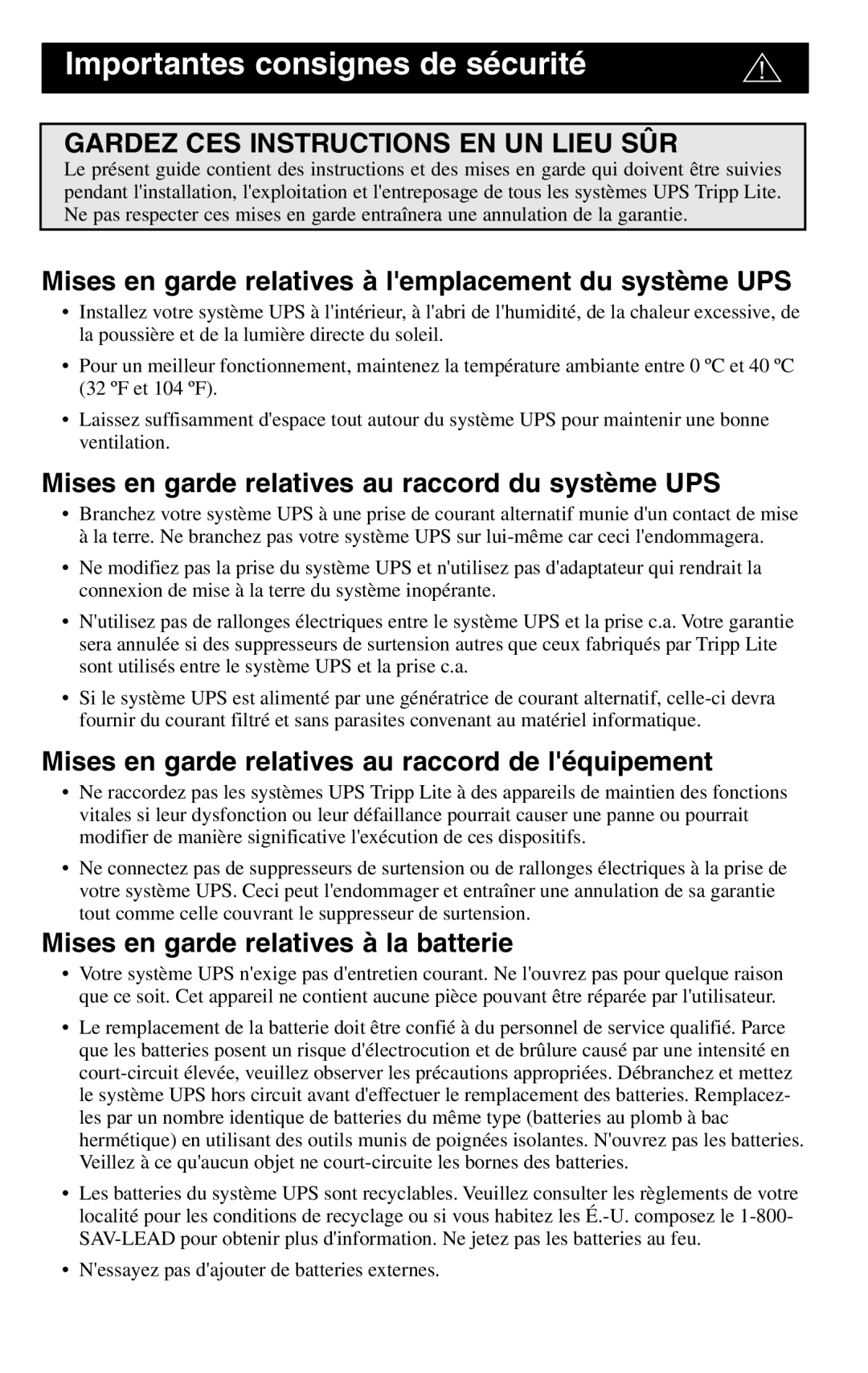 Tripp Lite BC Internet Mises en garde relatives à lemplacement du système UPS, Mises en garde relatives à la batterie 