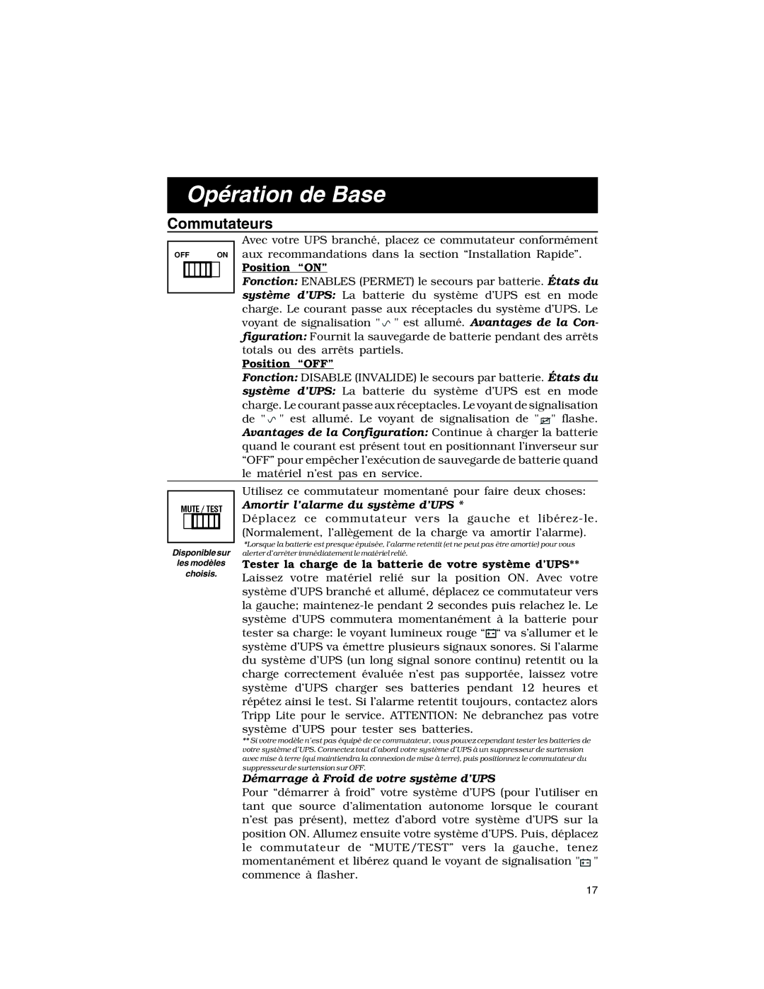 Tripp Lite BC Internet, BC Personal specifications Opération de Base, Commutateurs, Amortir l’alarme du système d’UPS 