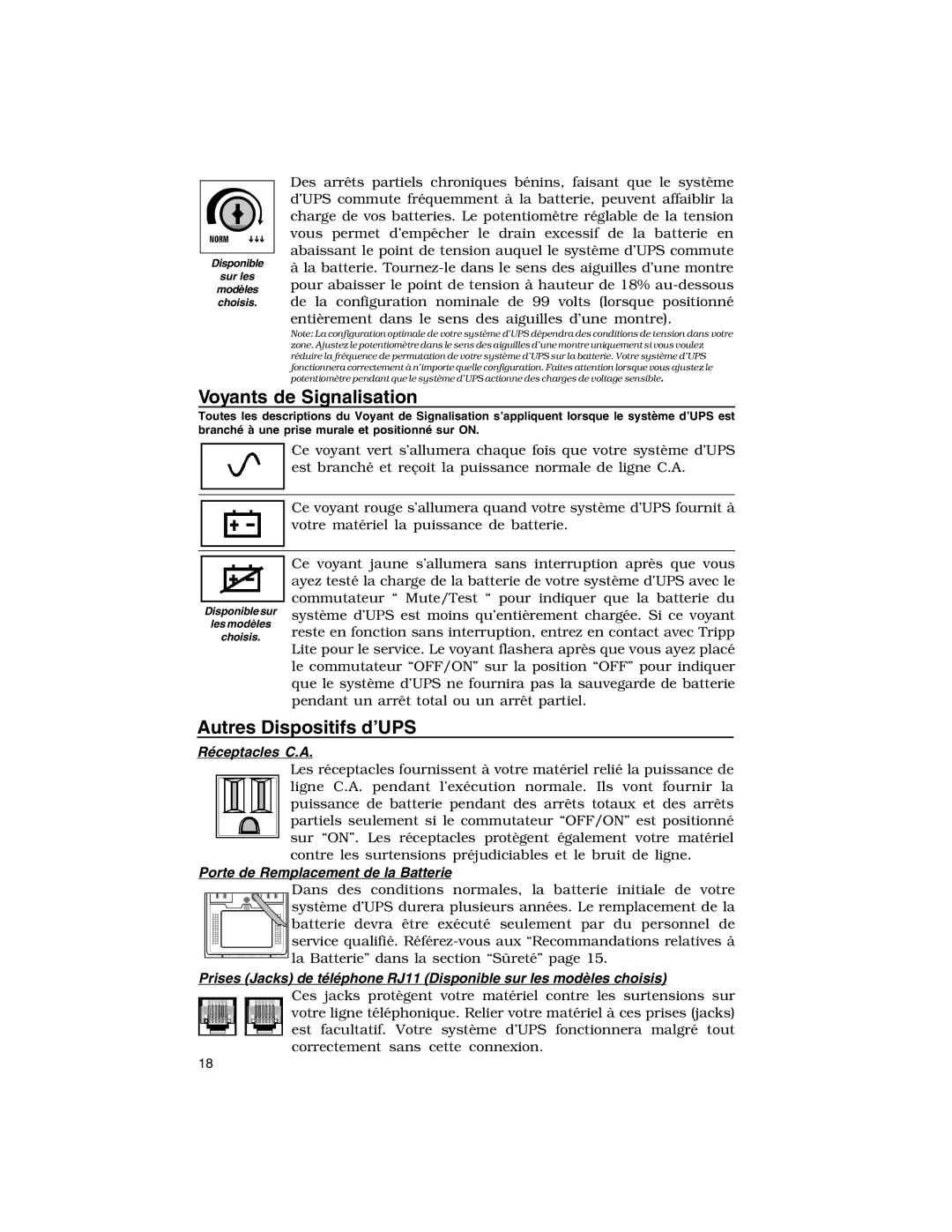 Tripp Lite BC Personal, BC Internet specifications Voyants de Signalisation, Autres Dispositifs d’UPS 