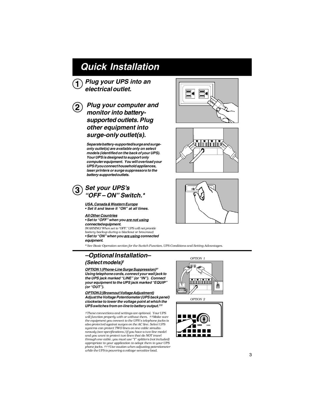 Tripp Lite BC Internet, BC Personal specifications Quick Installation, Set your UPS’s OFF on Switch, Optional Installation 