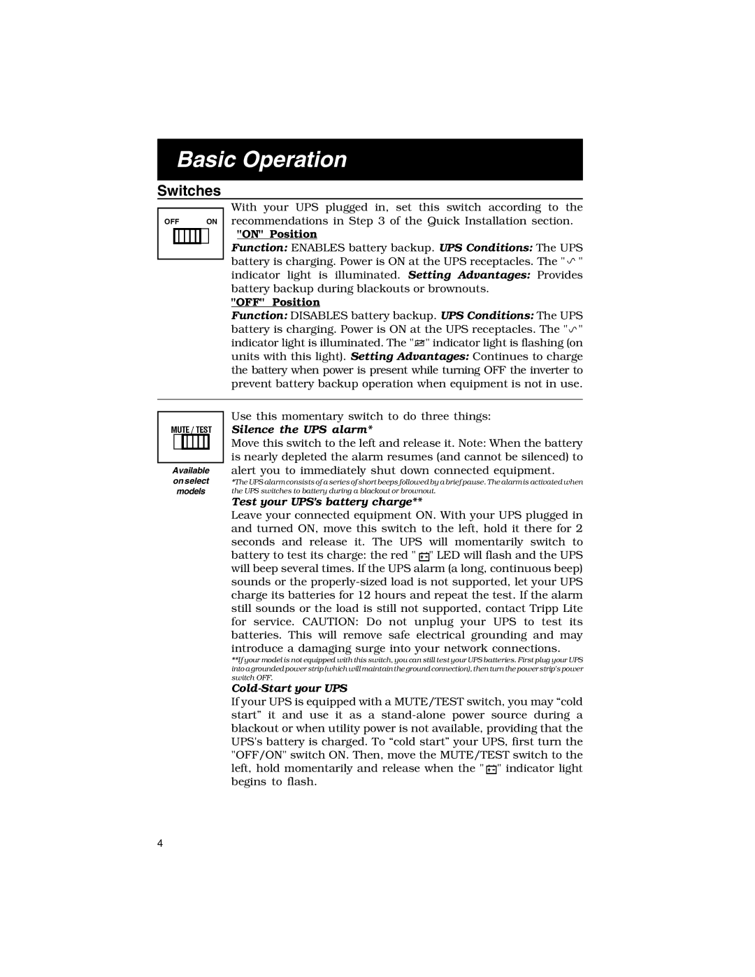 Tripp Lite BC Personal, BC Internet Basic Operation, Switches, Silence the UPS alarm, Test your UPSs battery charge 