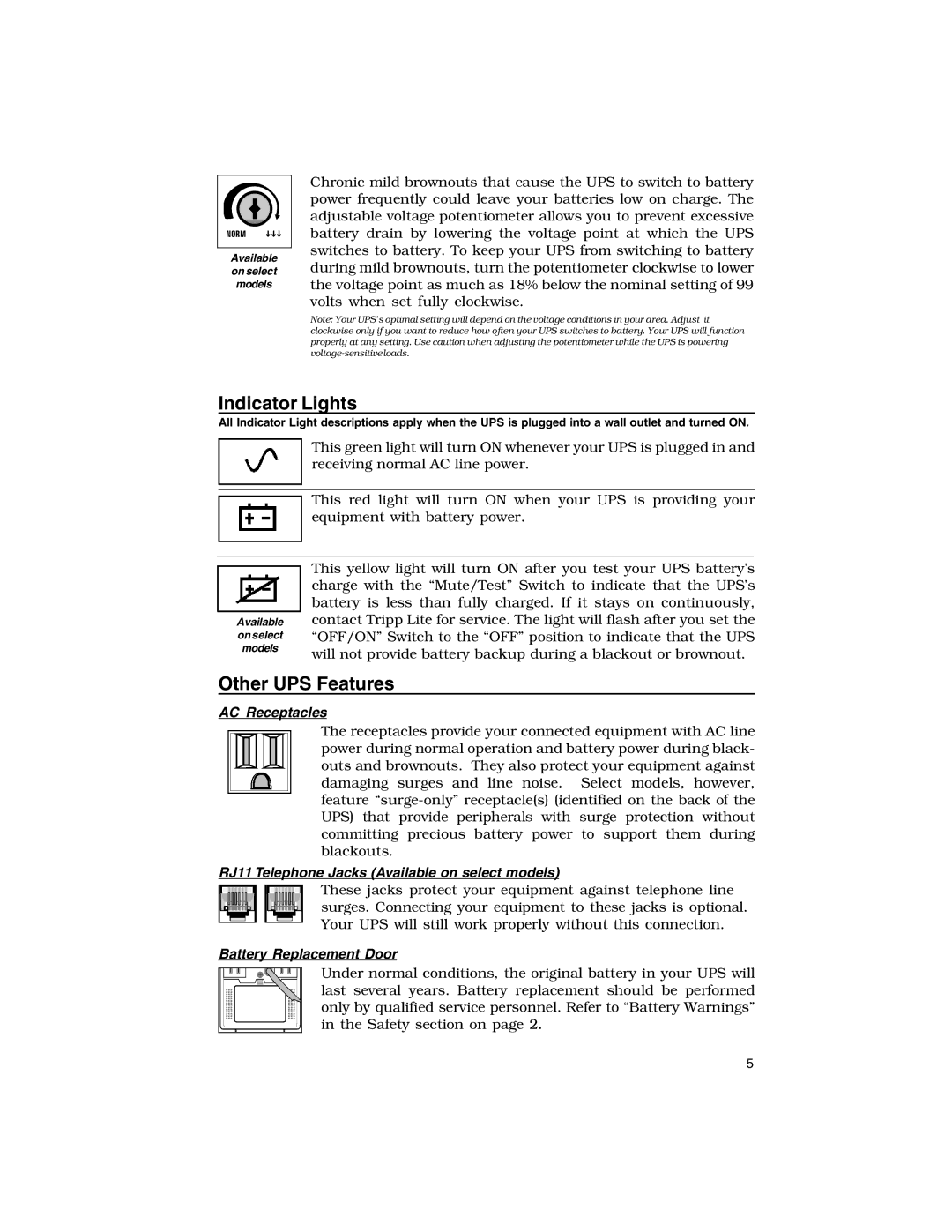 Tripp Lite BC Internet, BC Personal specifications Indicator Lights, Other UPS Features 