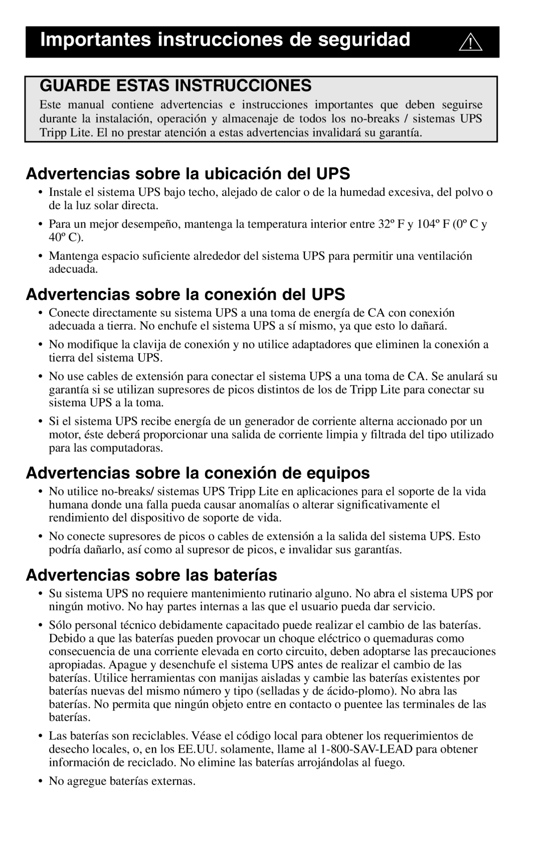 Tripp Lite BC Personal, BC Internet Advertencias sobre la ubicación del UPS, Advertencias sobre la conexión del UPS 