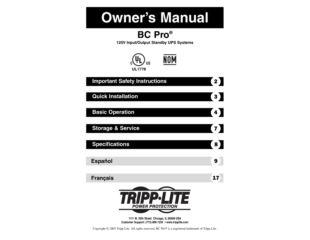 Tripp Lite BC Pro owner manual Español Français 