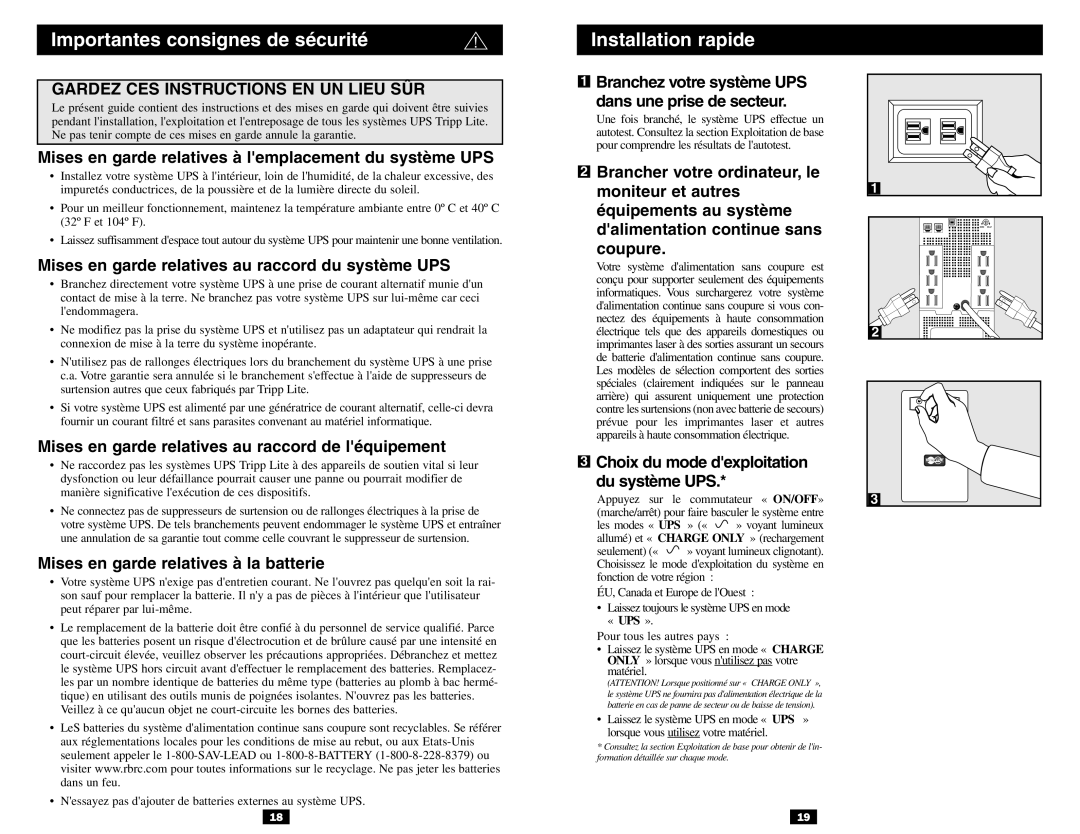 Tripp Lite BC Pro owner manual Importantes consignes de sécurité Installation rapide 