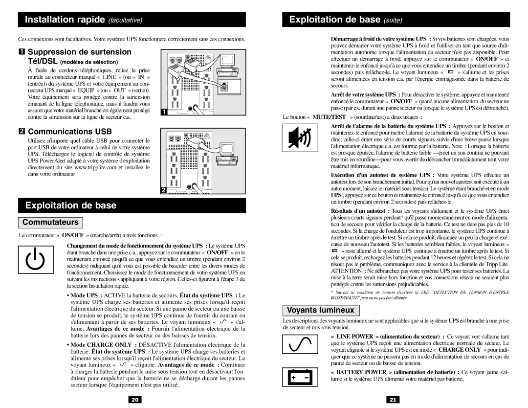 Tripp Lite BC Pro owner manual Installation rapide facultative, Exploitation de base suite 