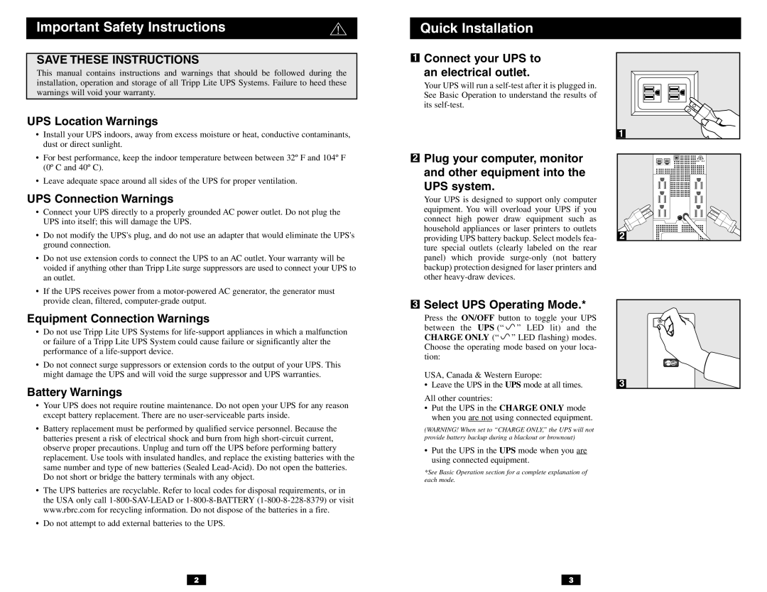 Tripp Lite BC Pro owner manual Important Safety Instructions Quick Installation 