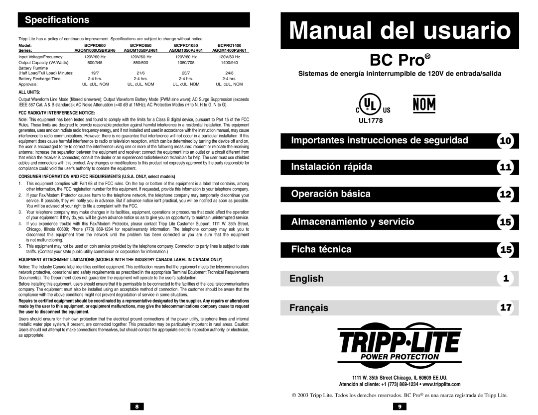 Tripp Lite BC Pro English Français, BCPRO600 BCPRO850 BCPRO1050 BCPRO1400, AGOM1000USBKSR6 AGOM1050PJR61 AGOM1400PSR61 