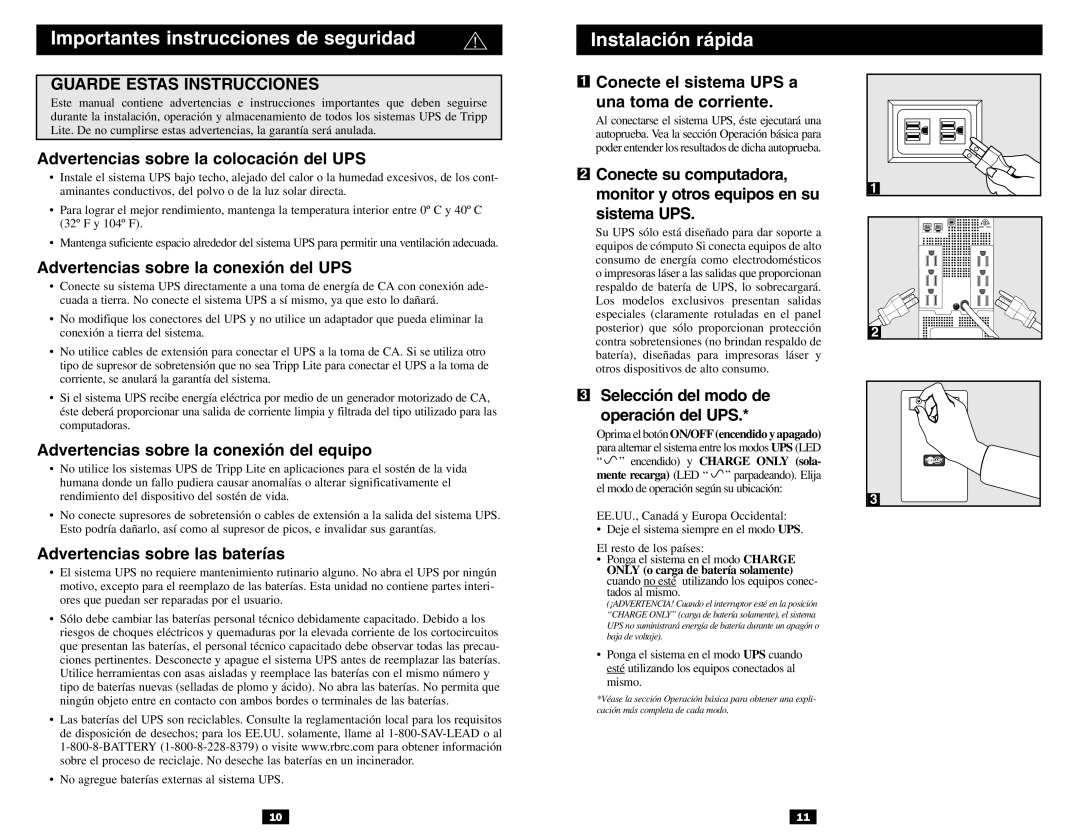 Tripp Lite BC Pro owner manual Importantes instrucciones de seguridad Instalación rápida 