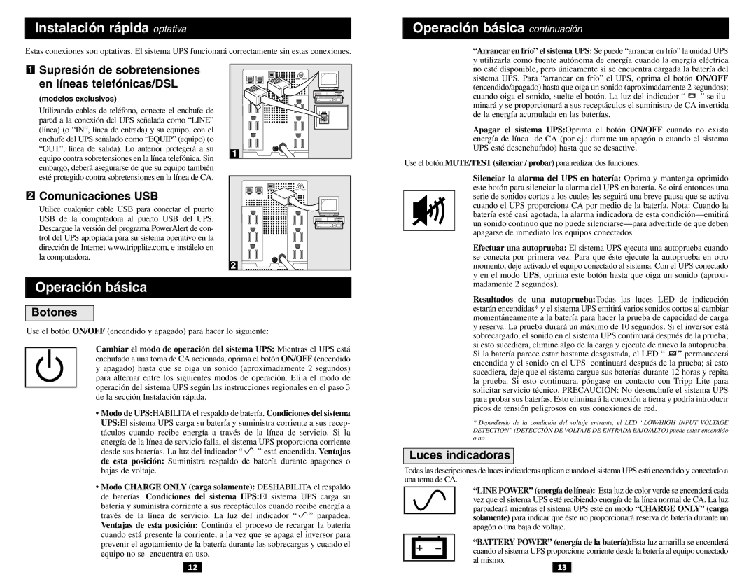 Tripp Lite BC Pro owner manual Instalación rápida optativa, Operación básica continuación 