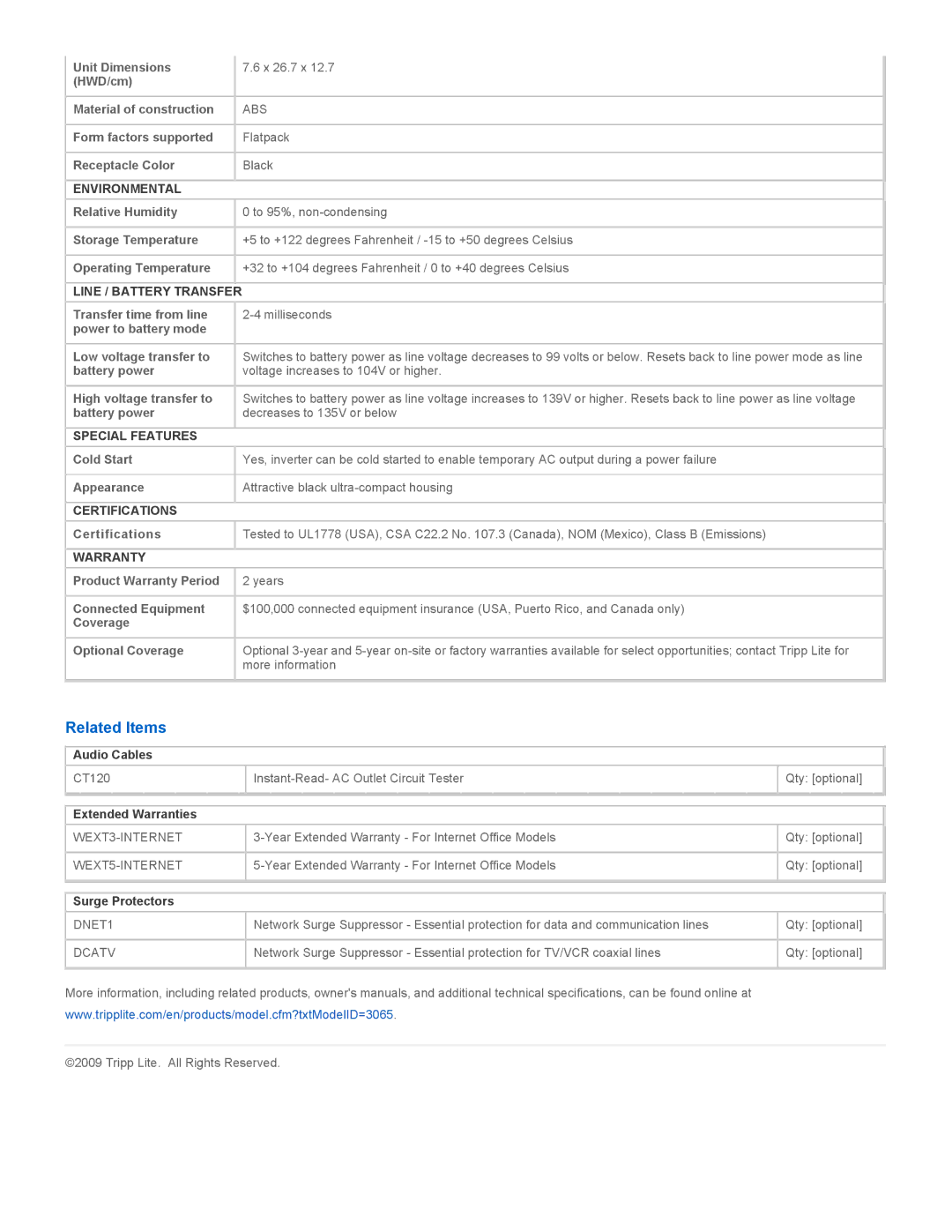 Tripp Lite BC350 specifications Related Items 