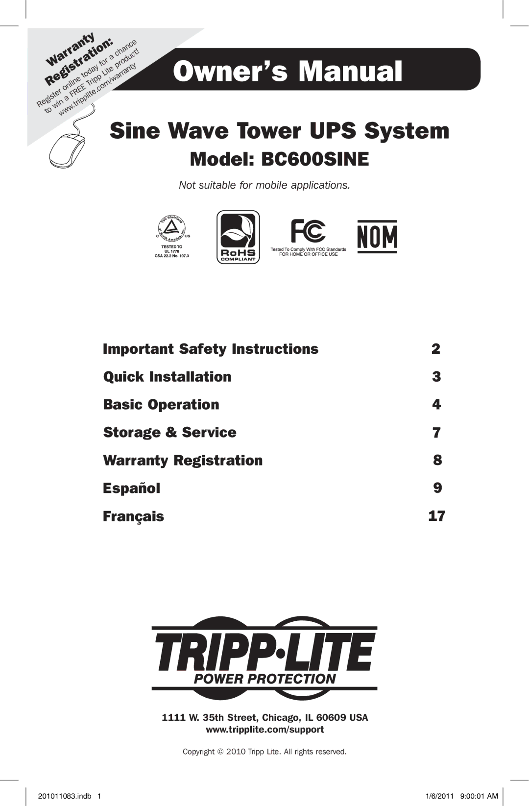 Tripp Lite BC600SINE owner manual Sine Wave Tower UPS System 