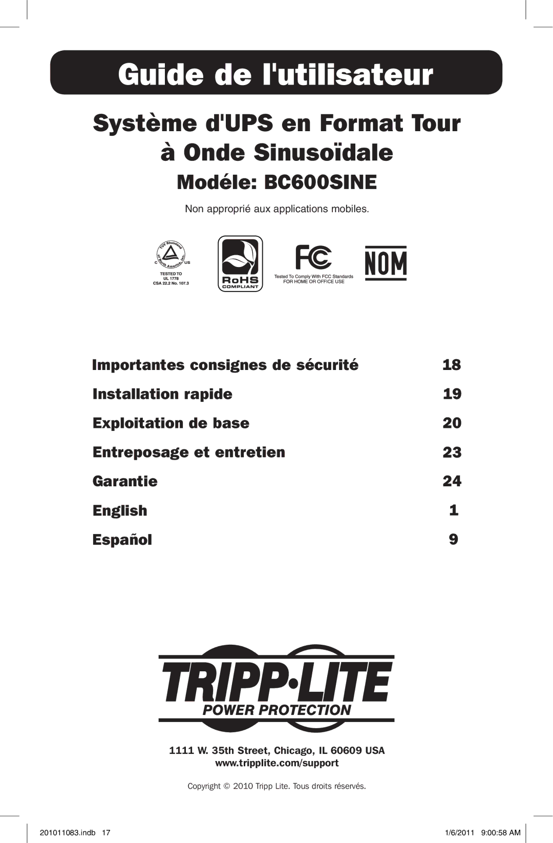 Tripp Lite BC600SINE owner manual Guide de lutilisateur 