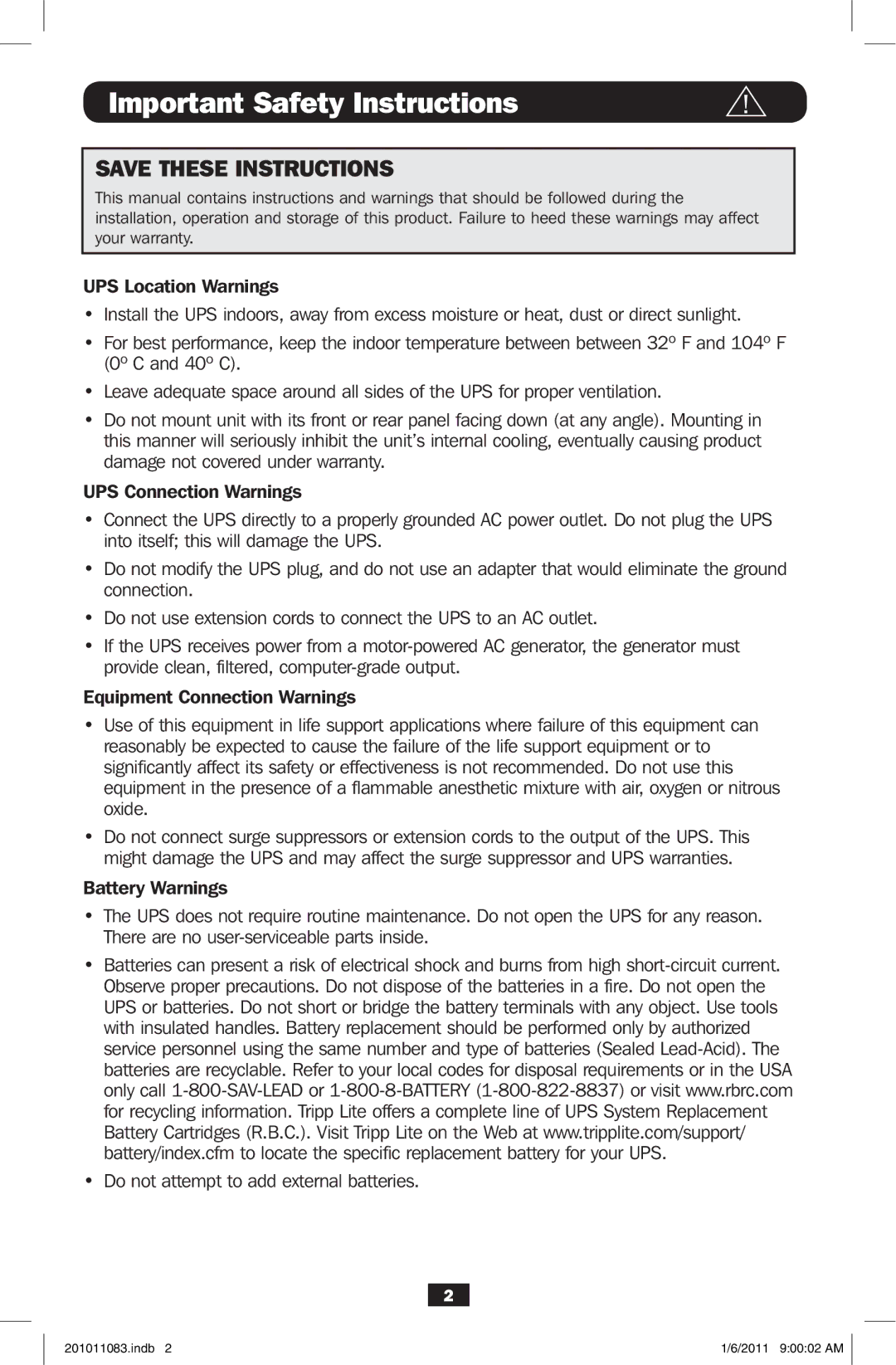 Tripp Lite BC600SINE owner manual Important Safety Instructions 