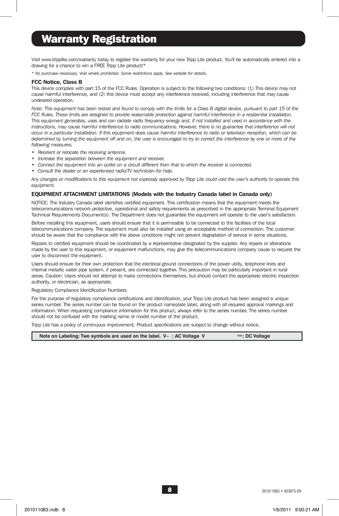 Tripp Lite BC600SINE owner manual Warranty Registration, FCC Notice, Class B 