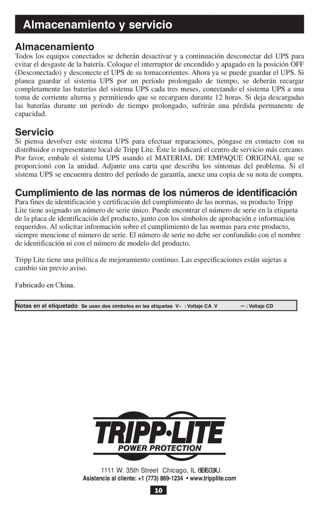 Tripp Lite BCPERS300 Almacenamiento y servicio, Servicio, Cumplimiento de las normas de los números de identificación 