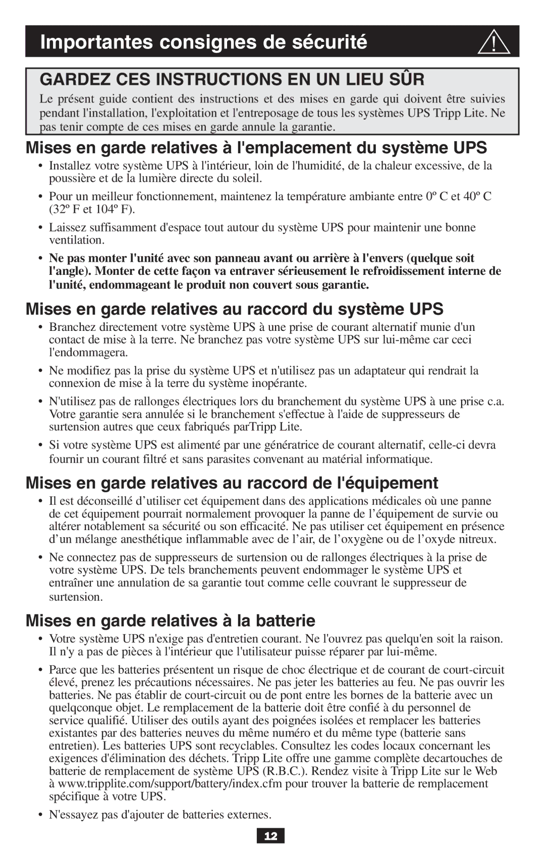 Tripp Lite BCPERS300 owner manual Importantes consignes de sécurité, Mises en garde relatives à lemplacement du système UPS 