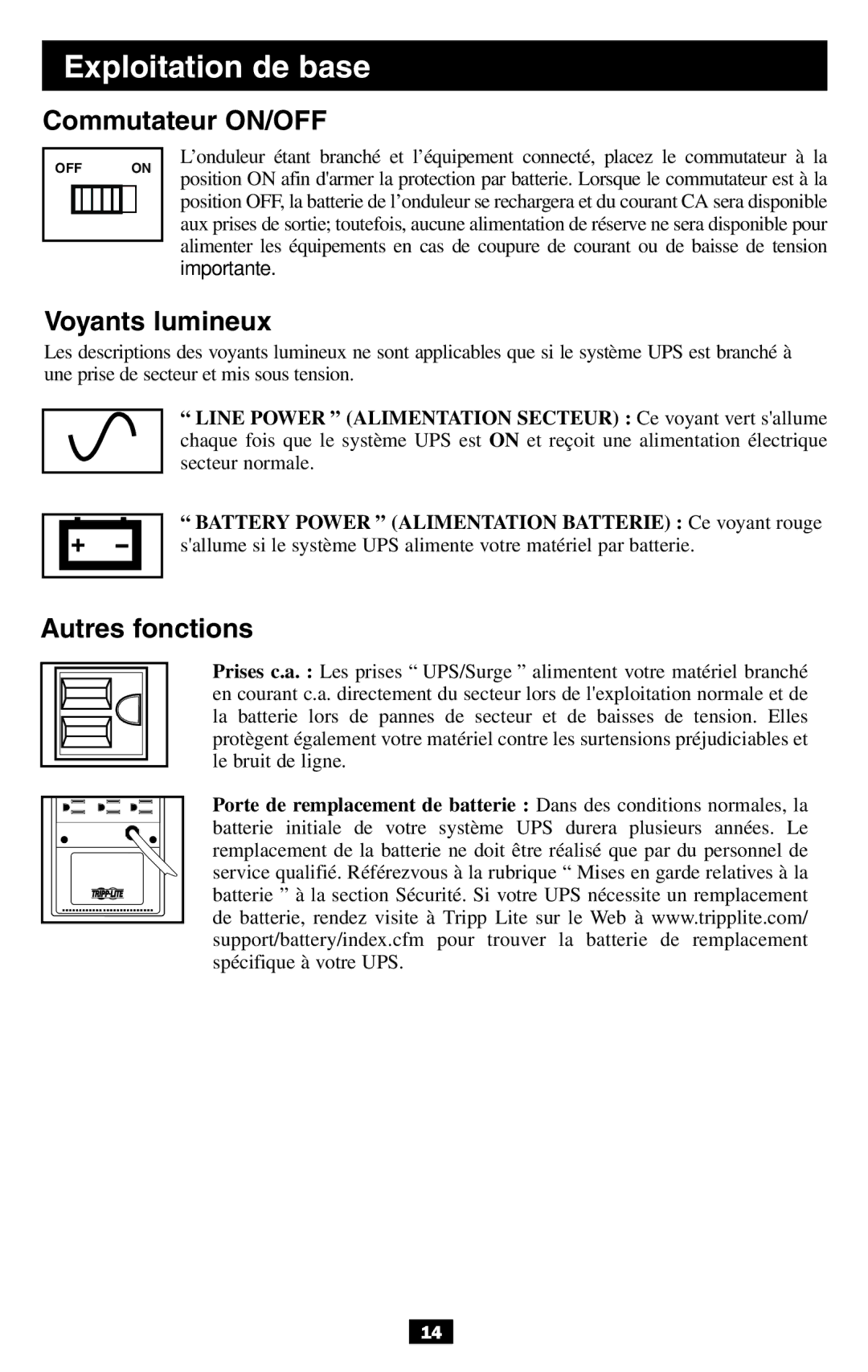 Tripp Lite BCPERS300 owner manual Exploitation de base, Commutateur ON/OFF, Voyants lumineux, Autres fonctions 