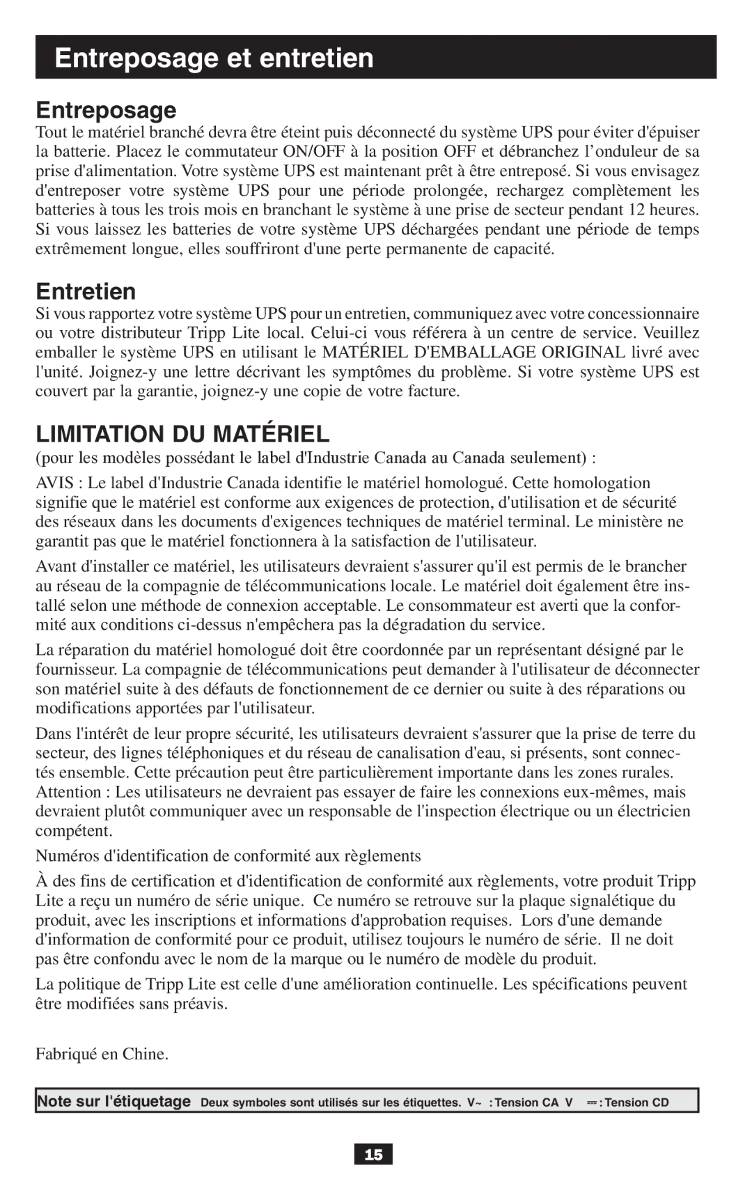 Tripp Lite BCPERS300 owner manual Entreposage et entretien, Entretien 