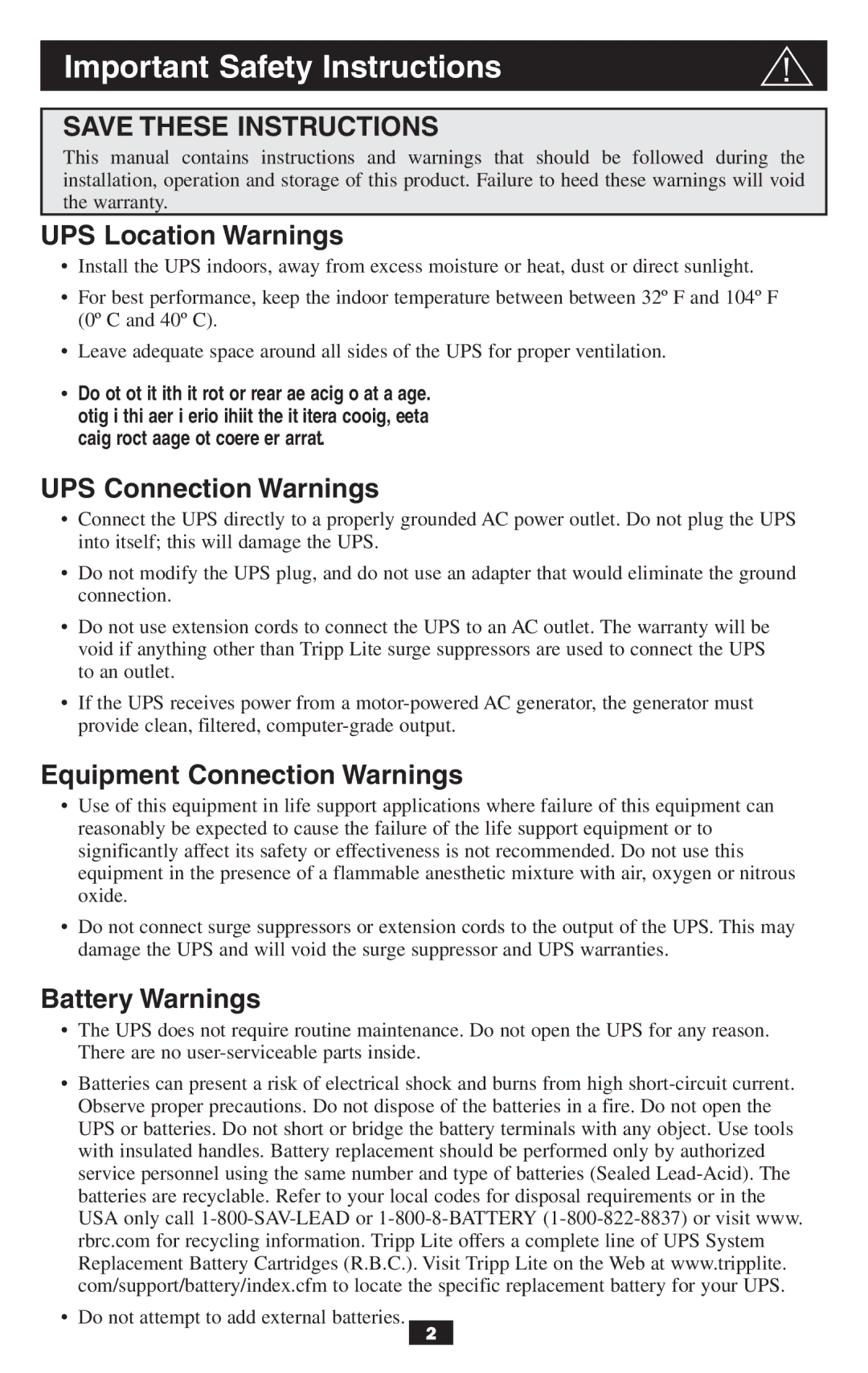 Tripp Lite BCPERS300 Important Safety Instructions, UPS Location Warnings, UPS Connection Warnings, Battery Warnings 