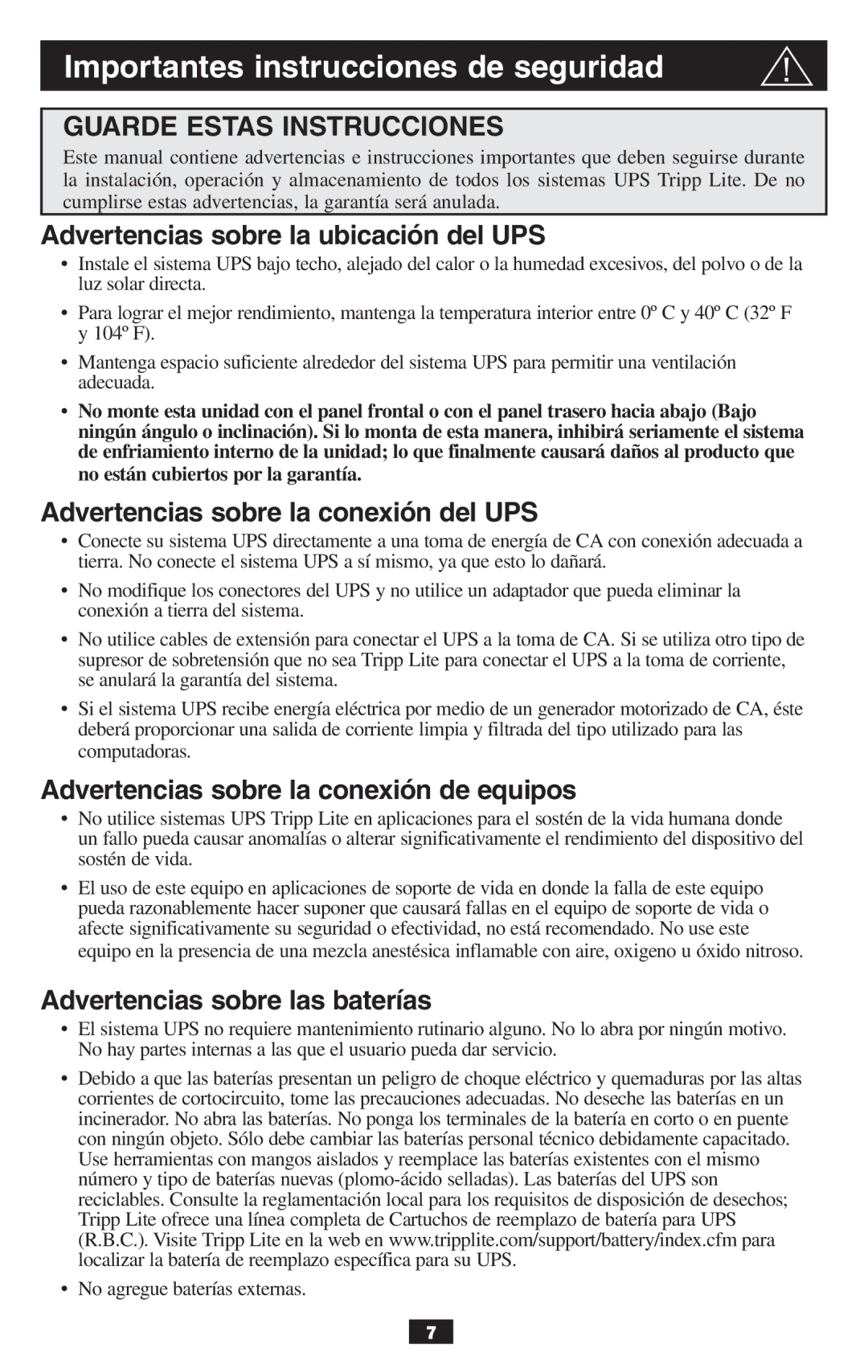 Tripp Lite BCPERS300 owner manual Importantes instrucciones de seguridad, Advertencias sobre la ubicación del UPS 